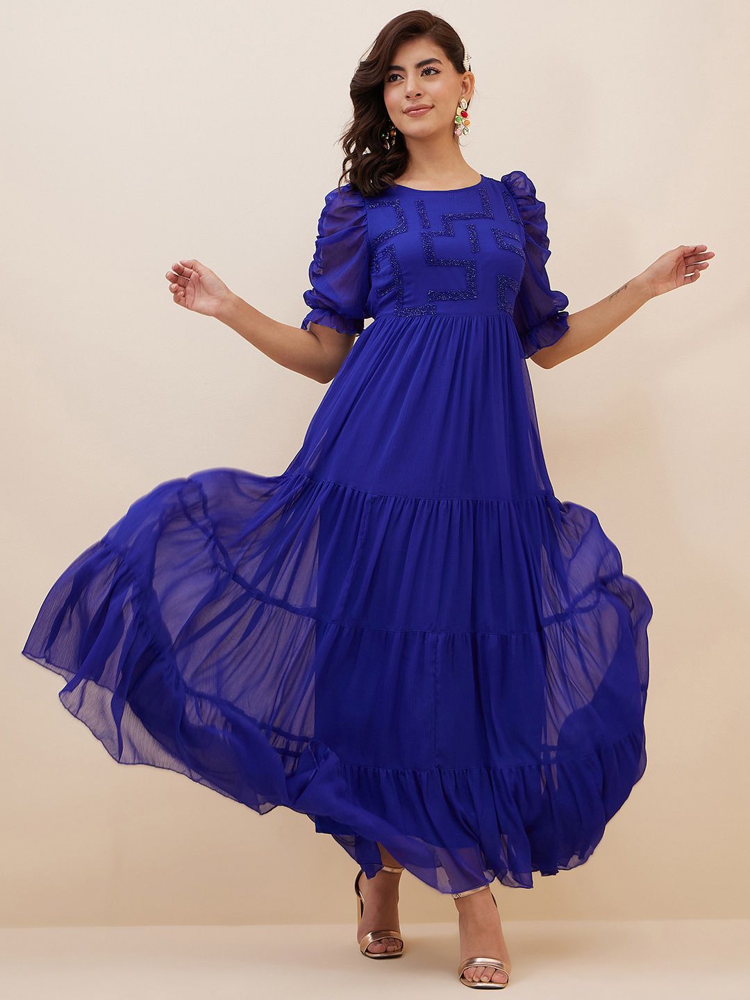 Antheaa Embellished Puff Sleeves Chiffon Fit and Flare Maxi Dress
