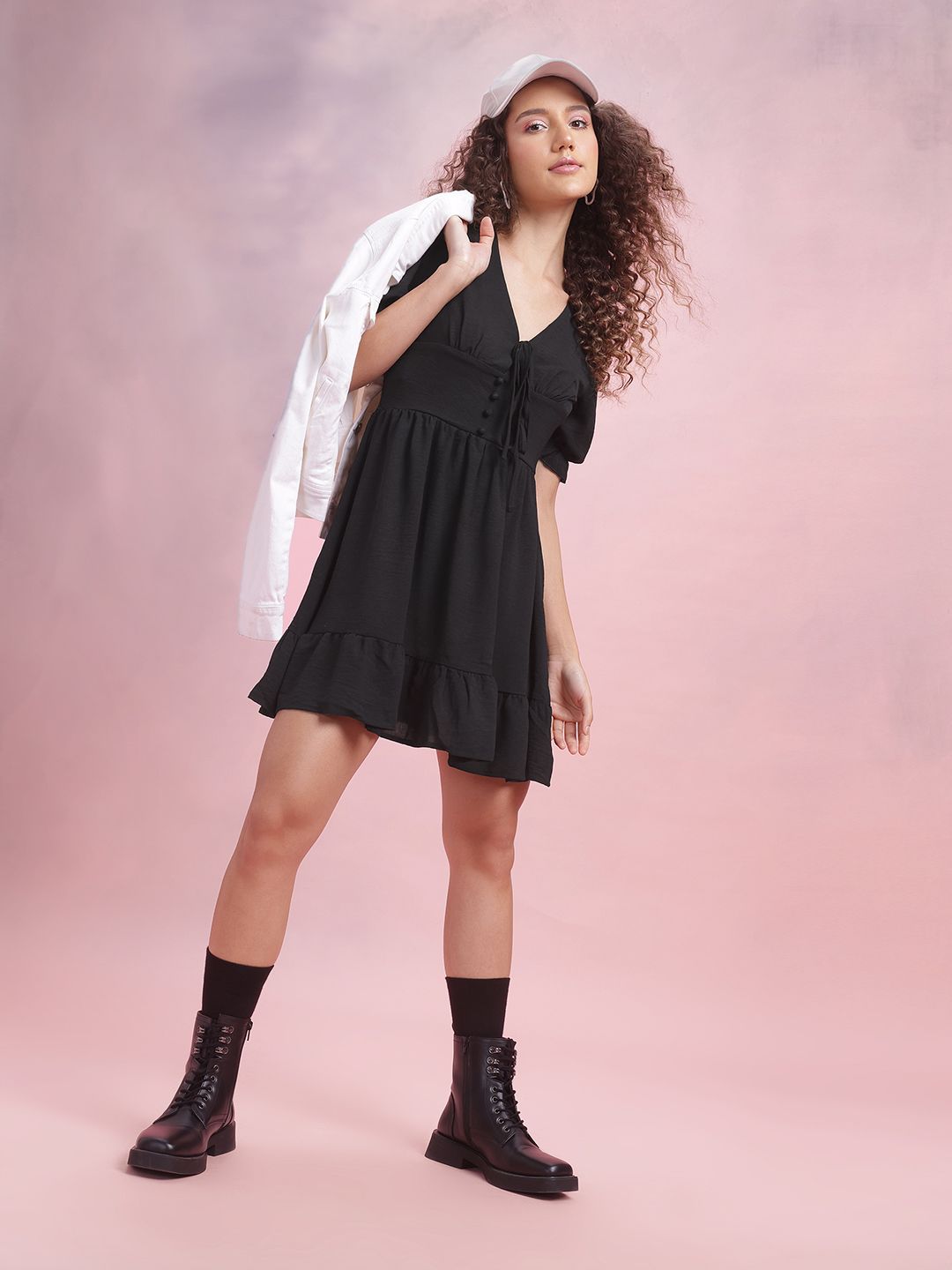 DressBerry Puff Sleeves A-Line Dress with Ruffled Detail