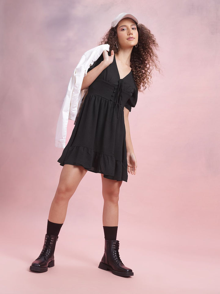 DressBerry Puff Sleeves A-Line Dress with Ruffled Detail
