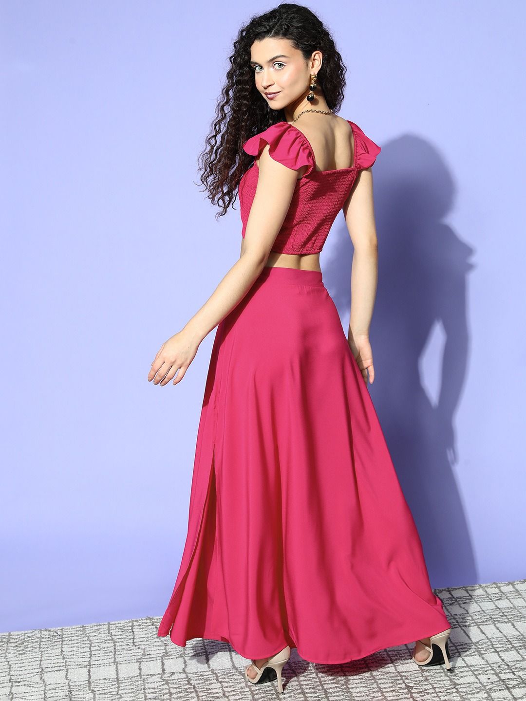 Berrylush Women Pink Solid Top with Skirt