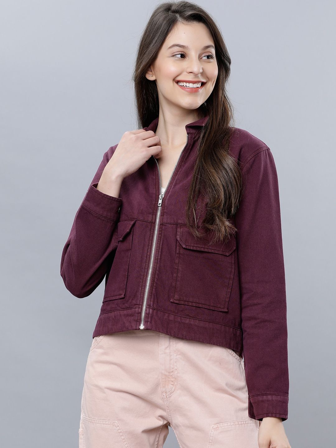Tokyo Talkies Women Burgundy Solid Denim Jacket
