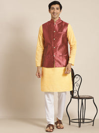 SOJANYA Kurta Kapas Tulen Chikankari Kuning Lelaki dengan Jaket Churidar & Nehru