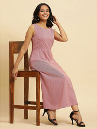 W Pink Round Neck Striped Cotton A-Line Midi Dress