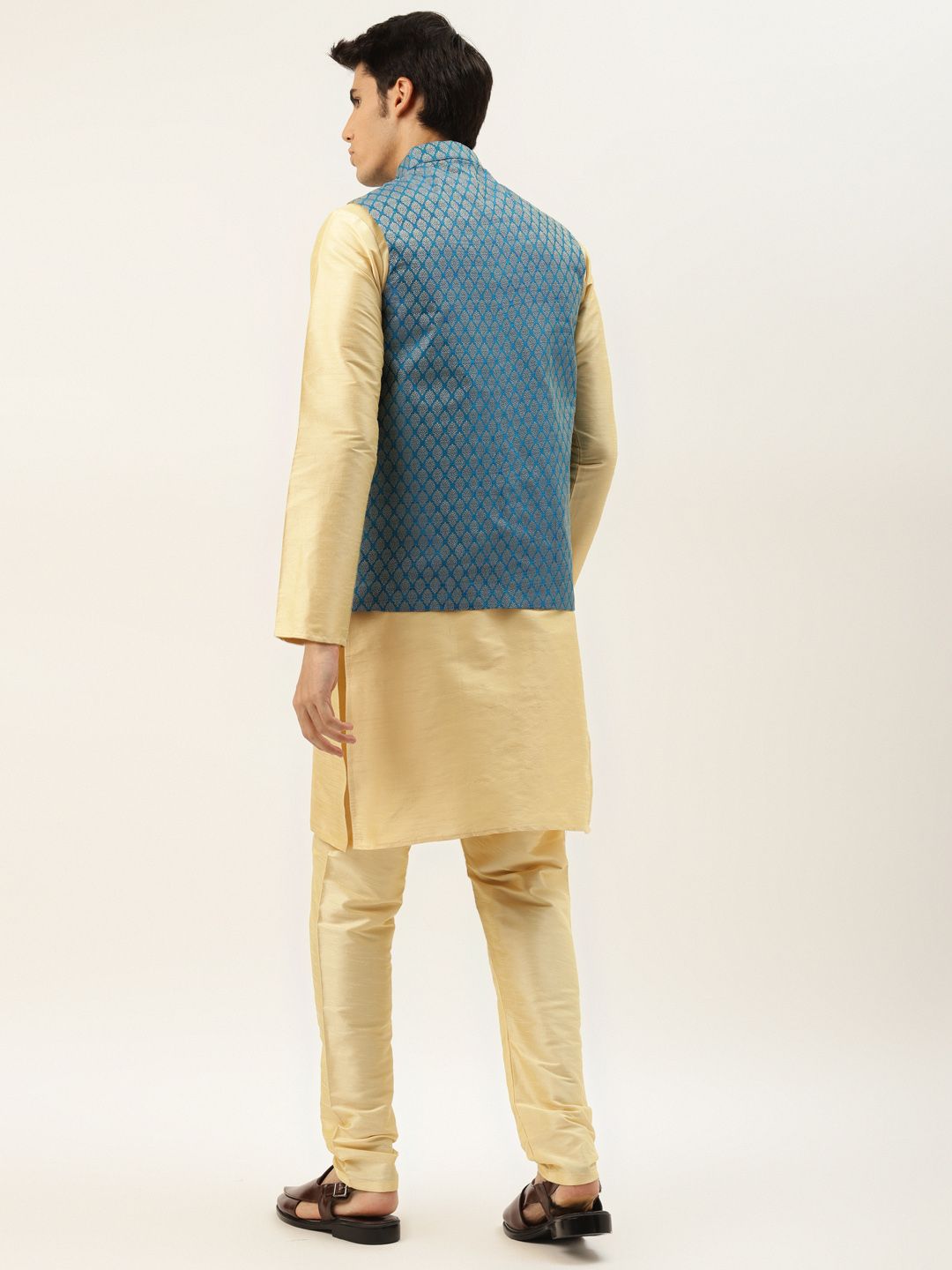 SOJANYA Men Beige Solid Kurta Set With Printed Jacket