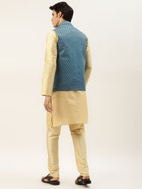 SOJANYA Men Beige Solid Kurta Set With Printed Jacket