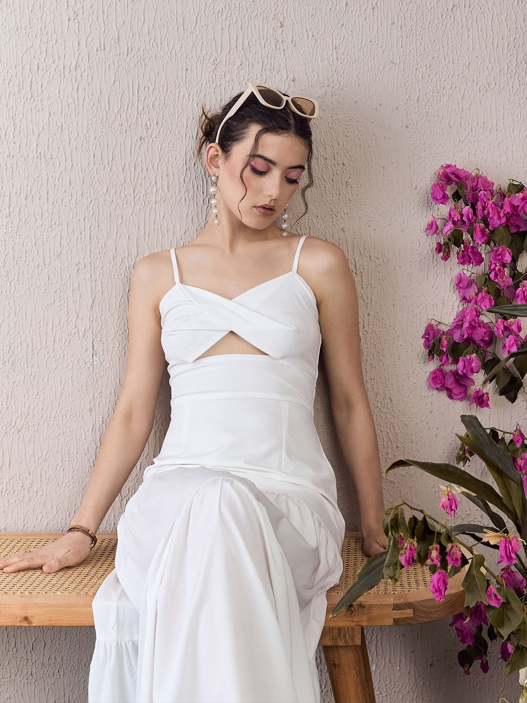 Berrylush White Self Design Ruffled Shoulder Straps Fit & Flare Maxi Dress