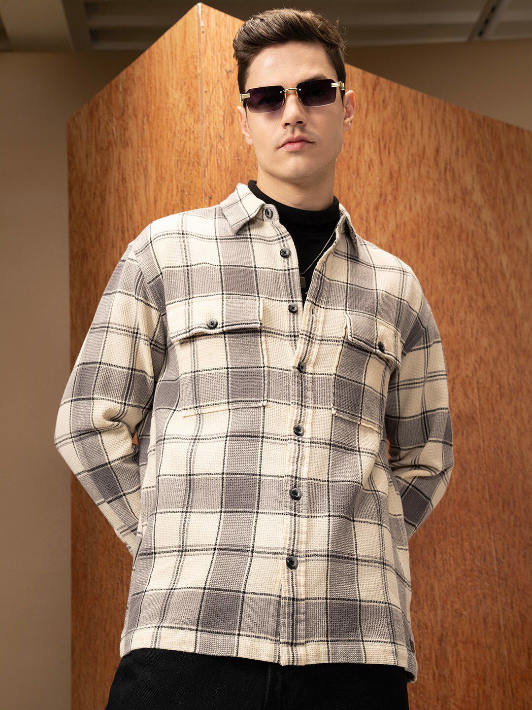 LOCOMOTIVE  Oversized Waffle Dobby Textured Checked Utility Pocket Overshirt