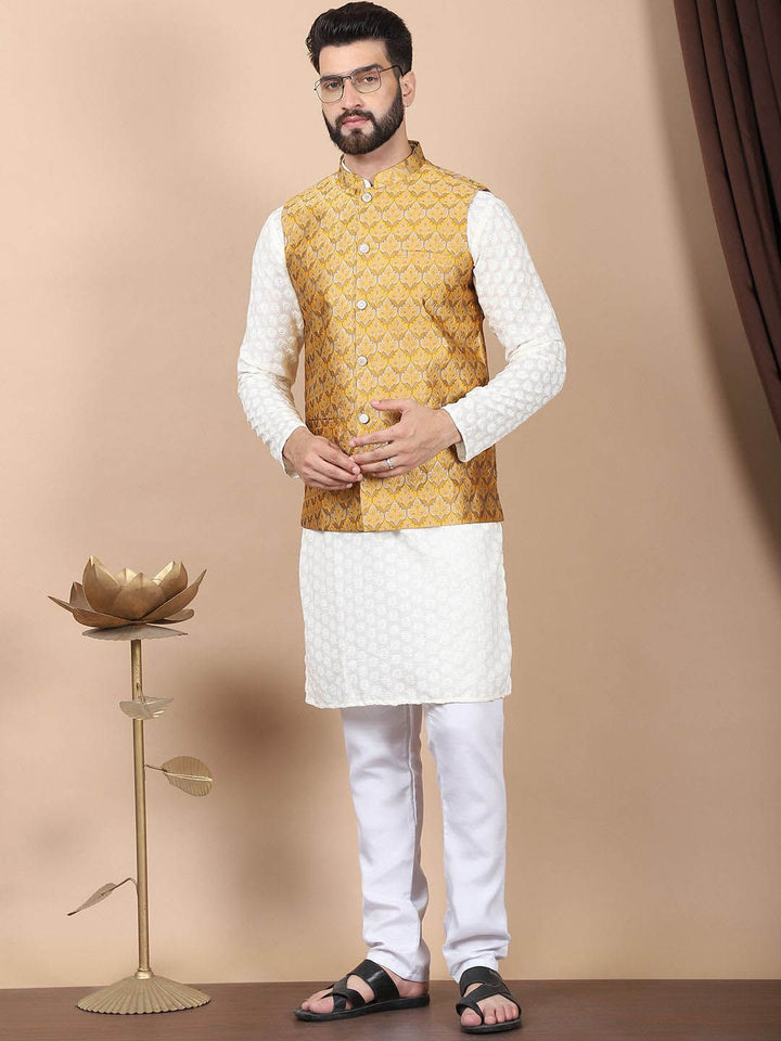Anouk Cream-Coloured Floral Embroidered Pure Cotton Kurta with Churidar & Nehru Jacket