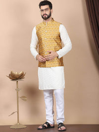 Anouk Cream-Coloured Floral Embroidered Pure Cotton Kurta with Churidar & Nehru Jacket