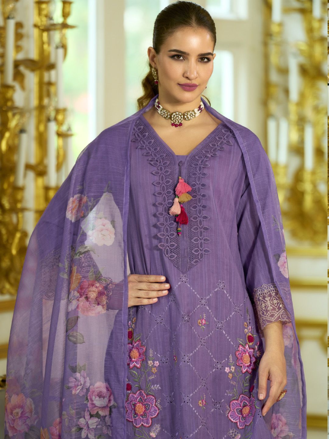 Varanga Nazrana Floral Thread Embroidered Schiffli Orangza Lace Kurta Trouser & Dupatta