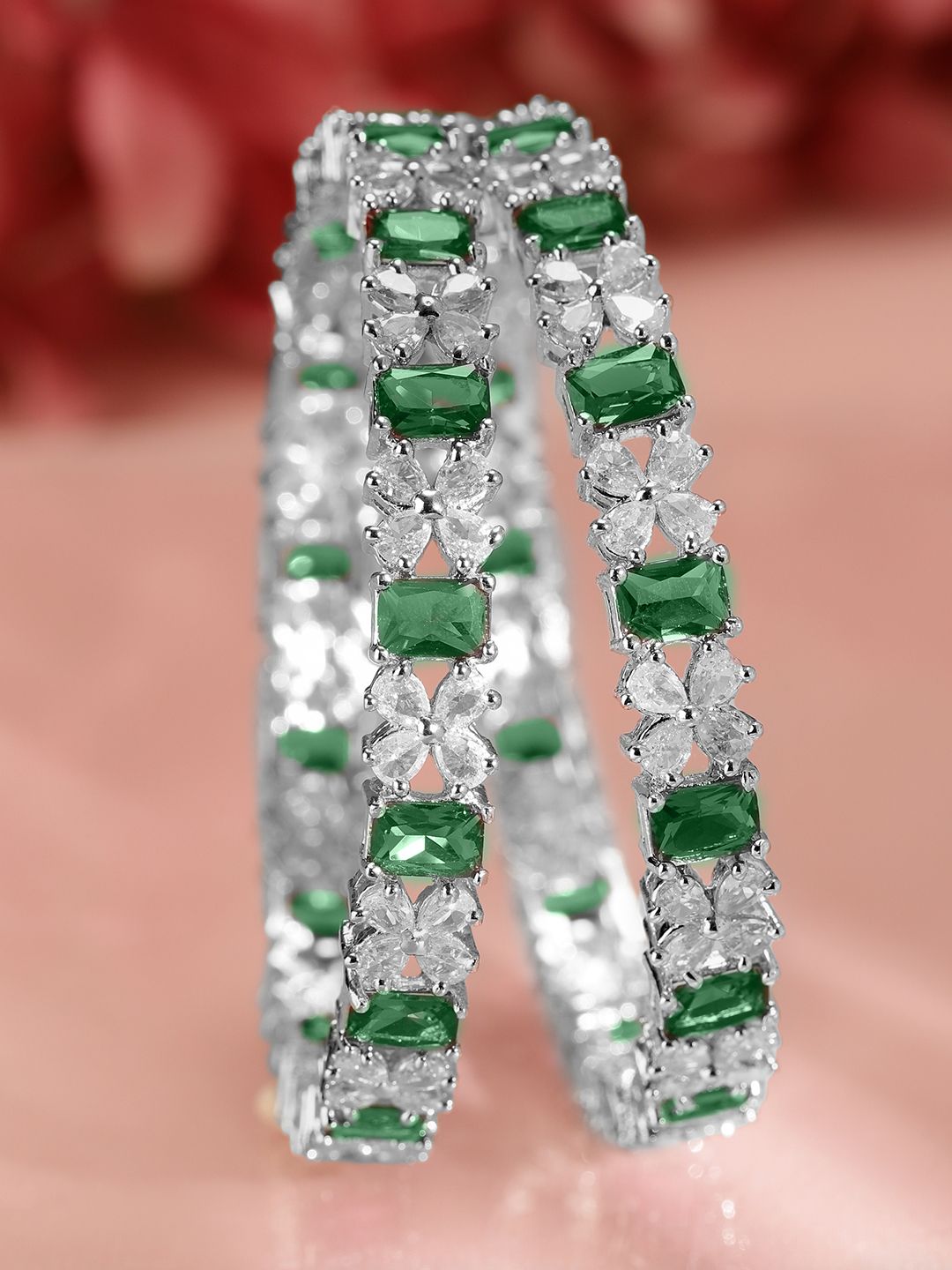Rubans Set of 2 Rhodium-Plated Emerald Green & Cubic Zirconia Studded Bangles