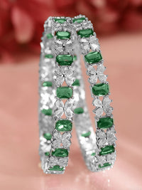 Rubans Set of 2 Rhodium-Plated Emerald Green & Cubic Zirconia Studded Bangles