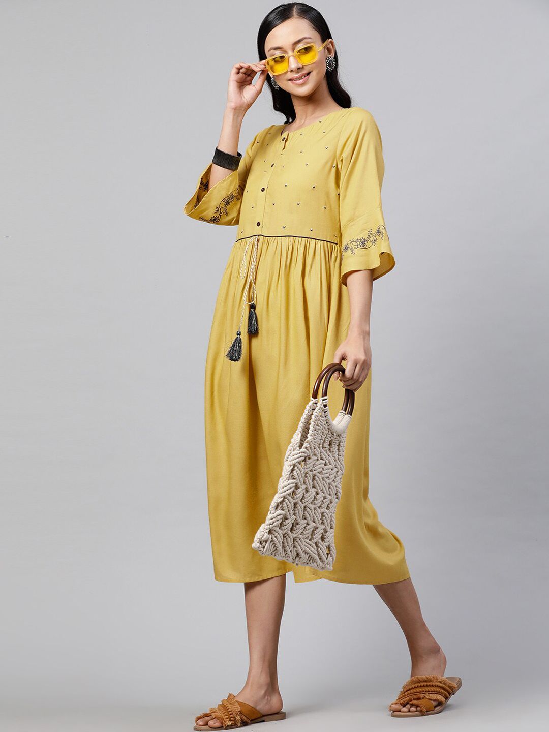 STREET 9 Women Mustard Yellow Embroidered A-Line Dress