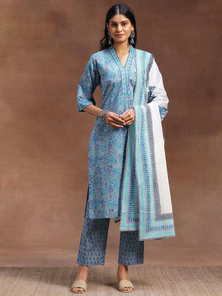 Libas Blue & White Floral Printed V-Neck Pure Cotton Kurta with Trousers & Dupatta