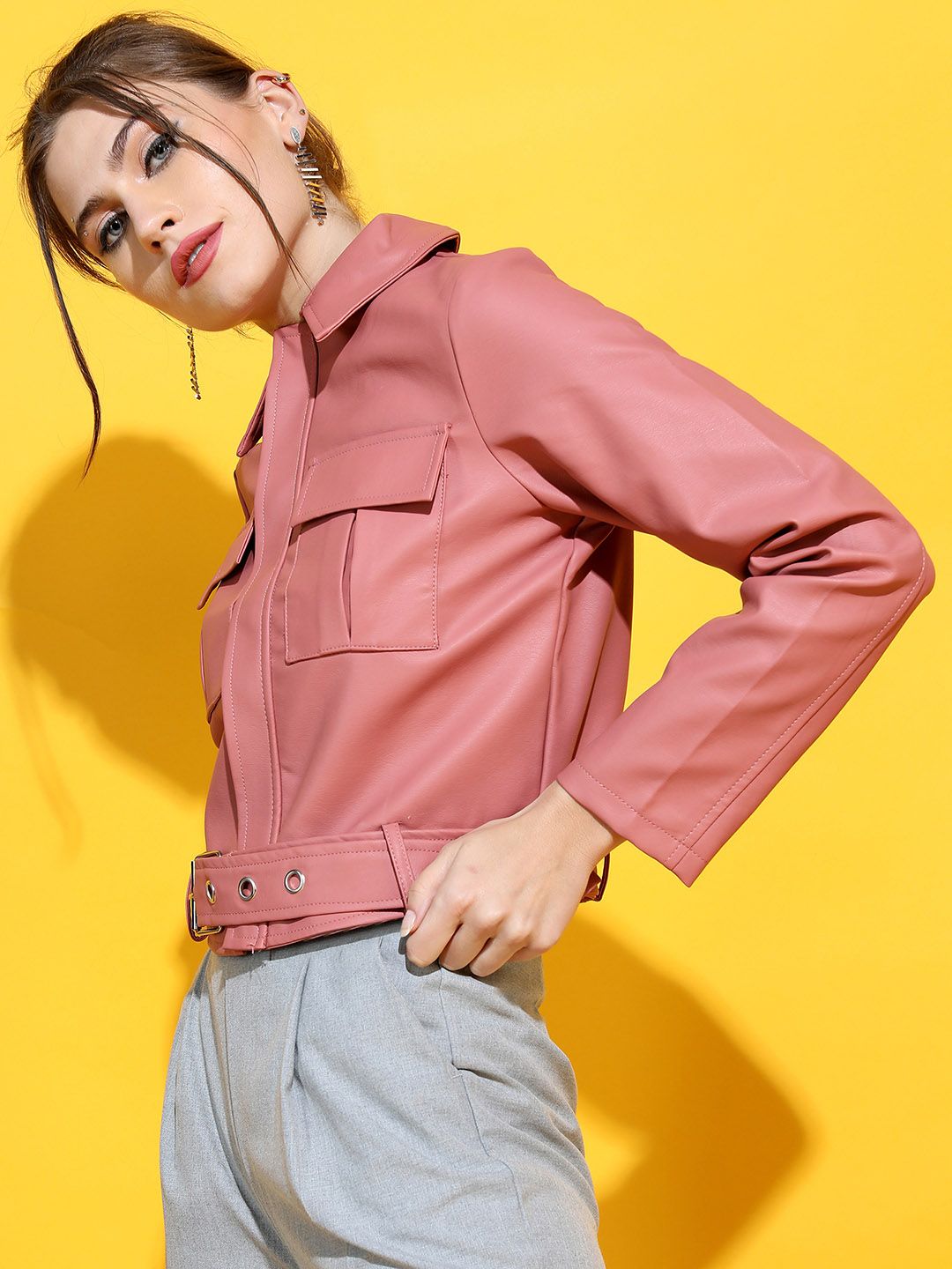 Tokyo Talkies Women Rose Leather Crop Tailored Jacket