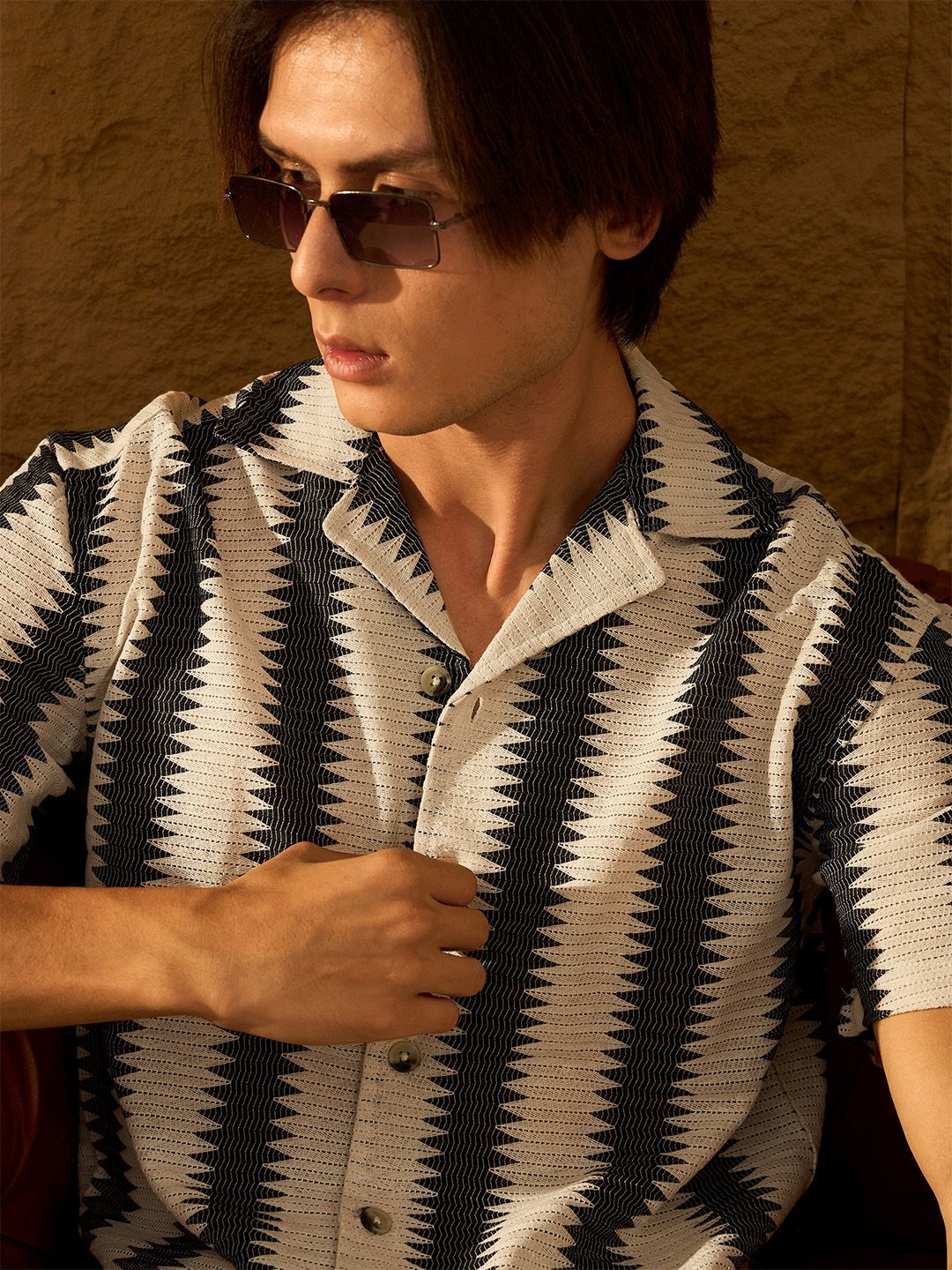 DENNISON Relaxed Vertical Striped Printed Cuban Collar Oversized Cotton Crochet Shirt