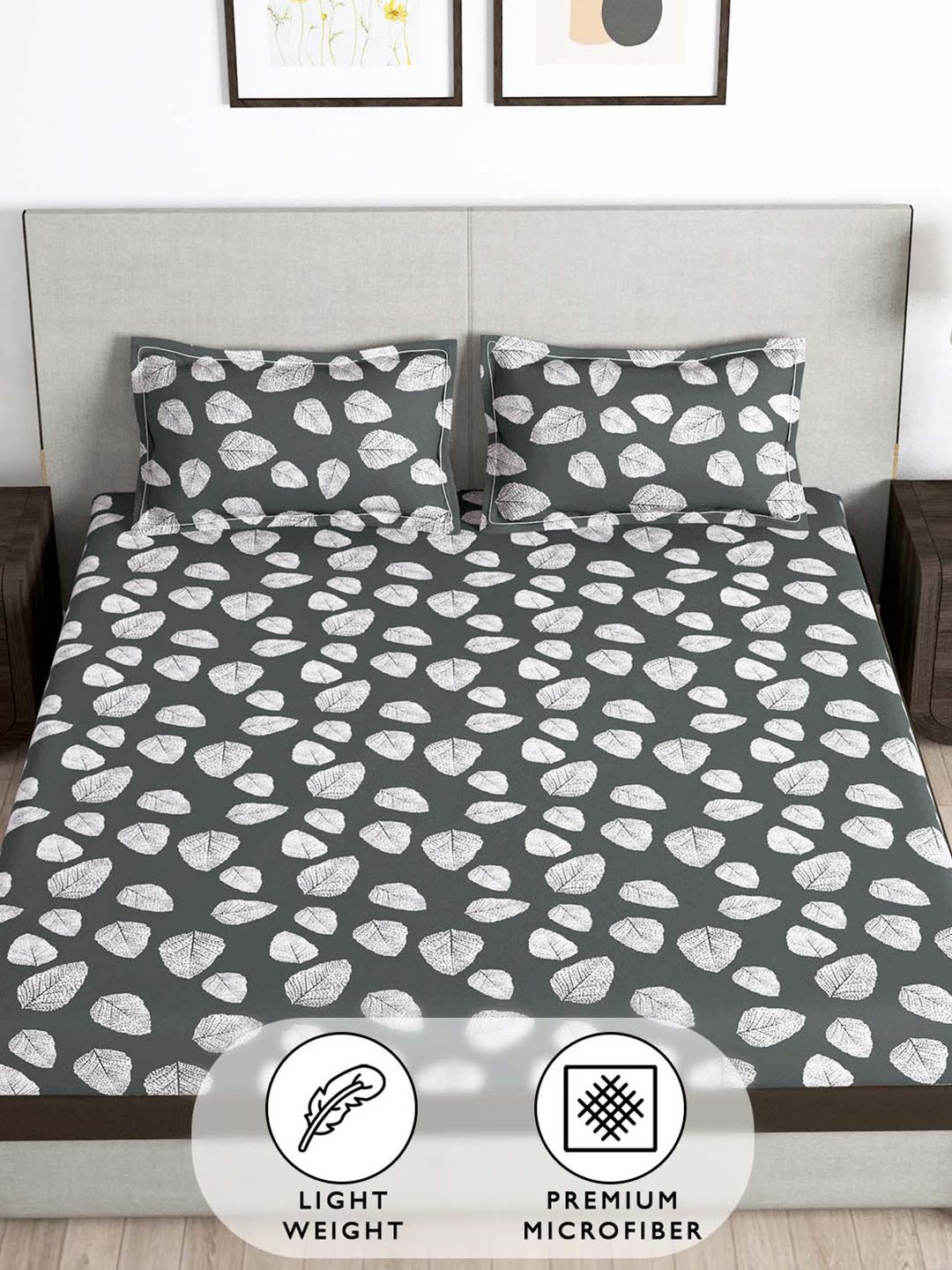 Story@home Dark Grey & White 180 TC Floral Queen Fitted Bedsheet With 2 Pillow Covers