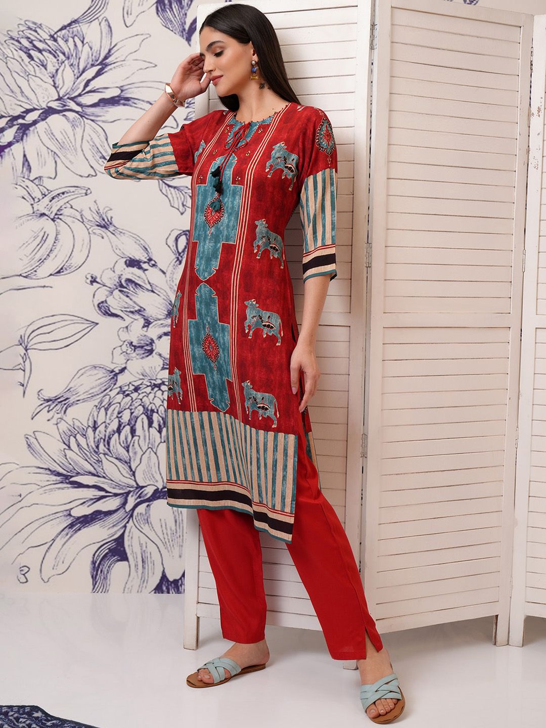 Vishudh Ethnic Motifs Printed Tie-Up Neck Sequinned Straight Kurta with Trousers