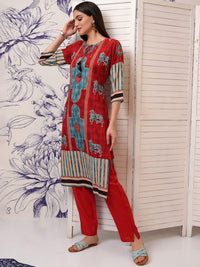 Vishudh Ethnic Motifs Printed Tie-Up Neck Sequinned Straight Kurta with Trousers