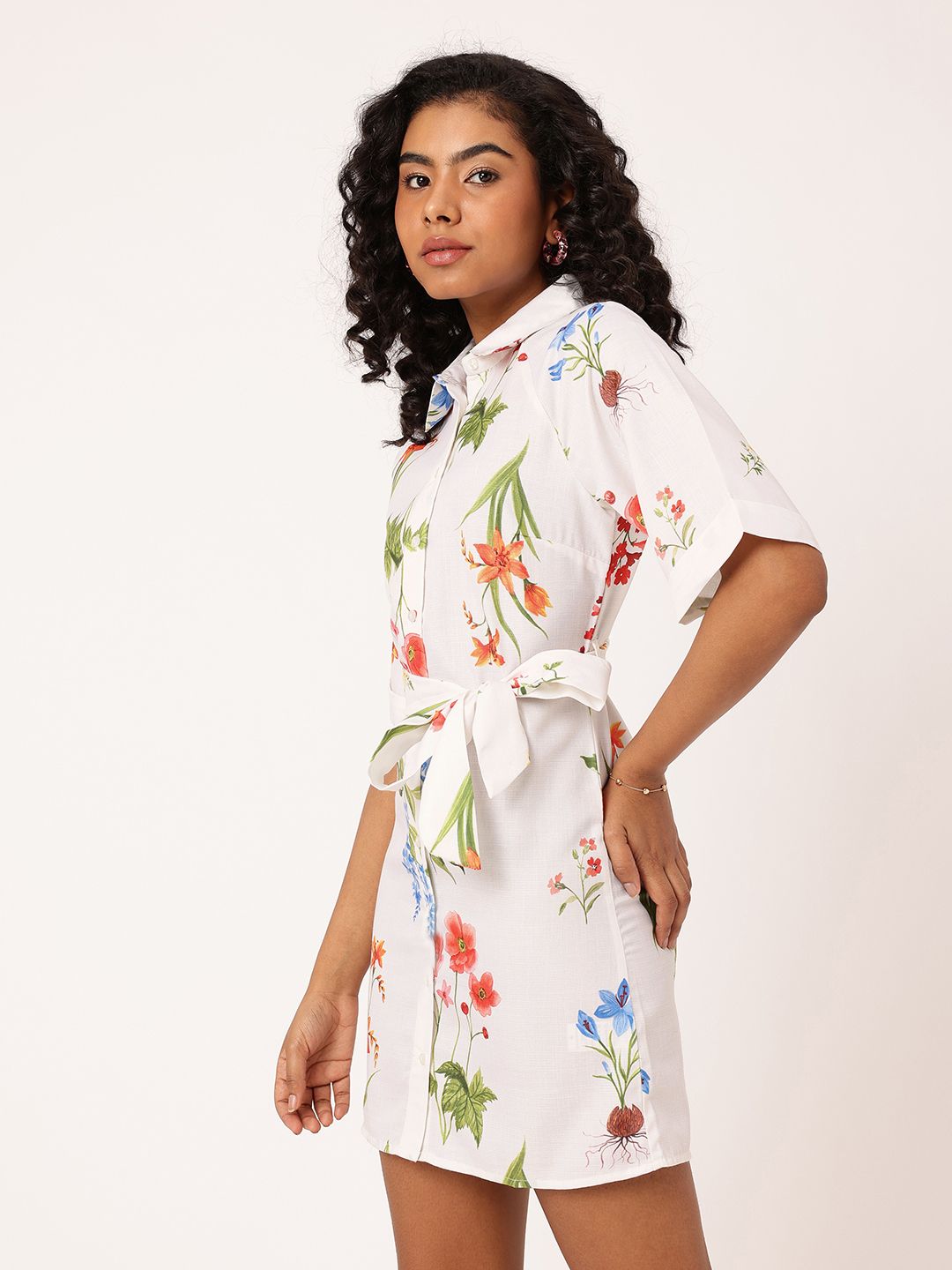 DressBerry Chic Charm Floral Printed Shirt Style Mini Dress With Waist Tie-Up