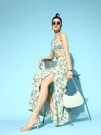 Berrylush Women Gorgeous Green Printed Top with Skirt