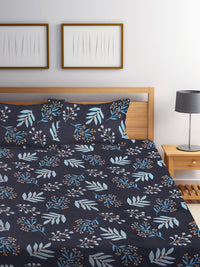 KLOTTHE Black & Blue Floral Printed 300TC Fitted Double King Bedsheet With 2 Pillow Covers