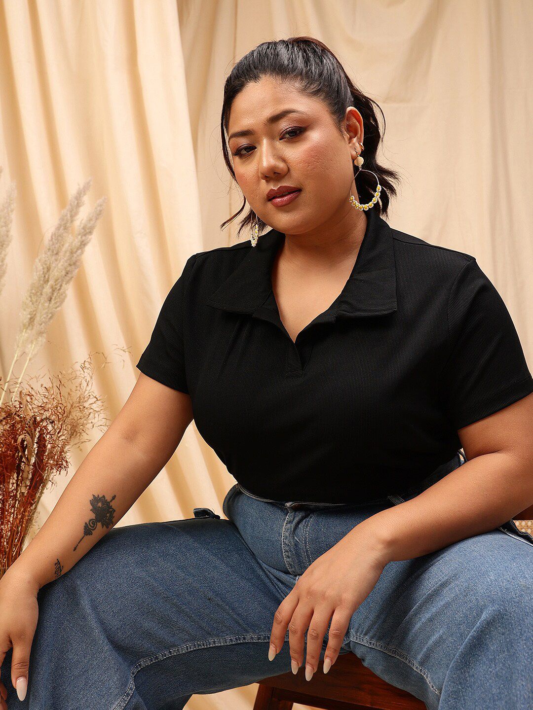 CURVY STREET Plus Size Striped Opaque Knitted Shirt