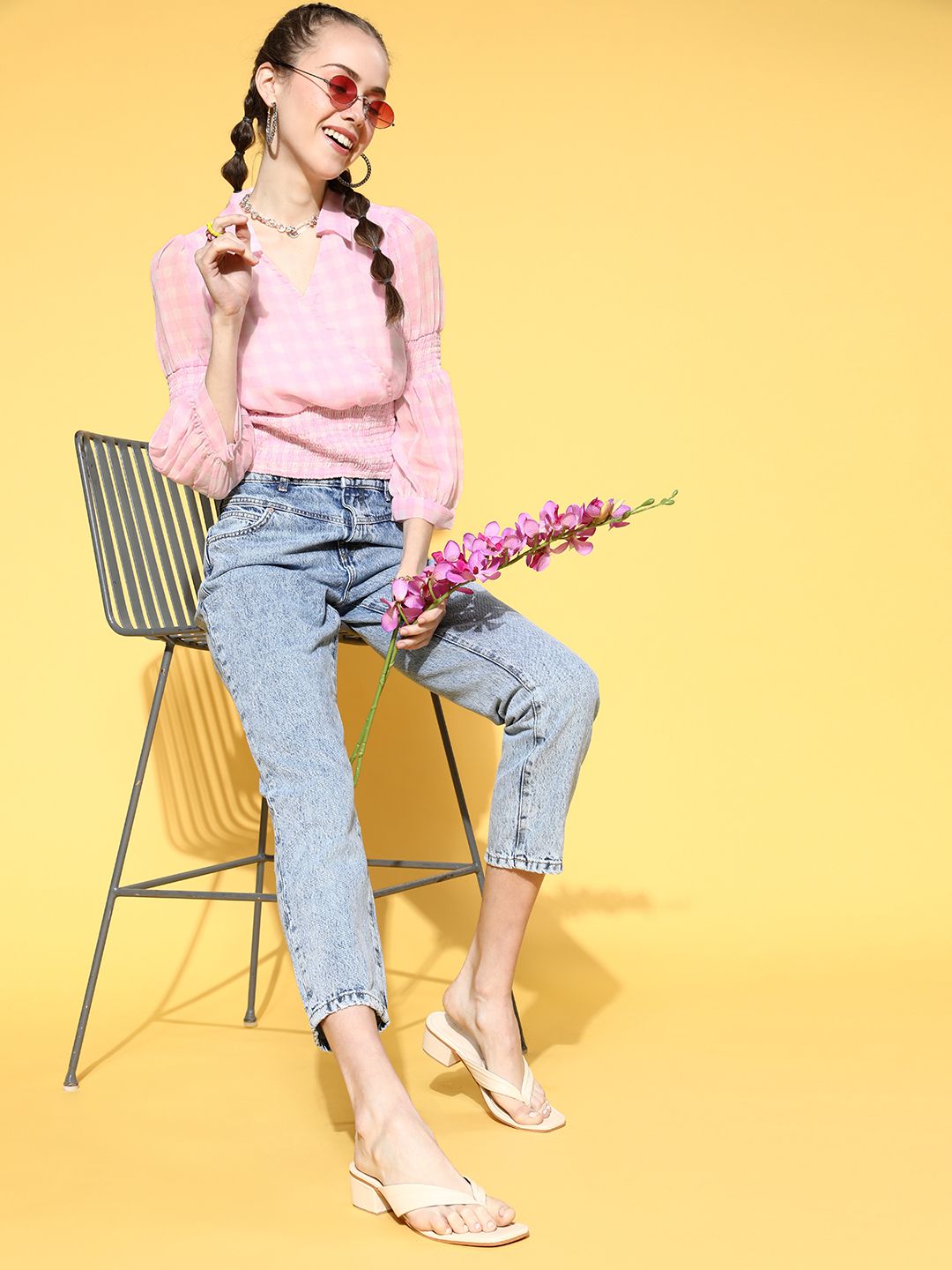 Antheaa Women Pretty Pink Checked Summer Gingham Top