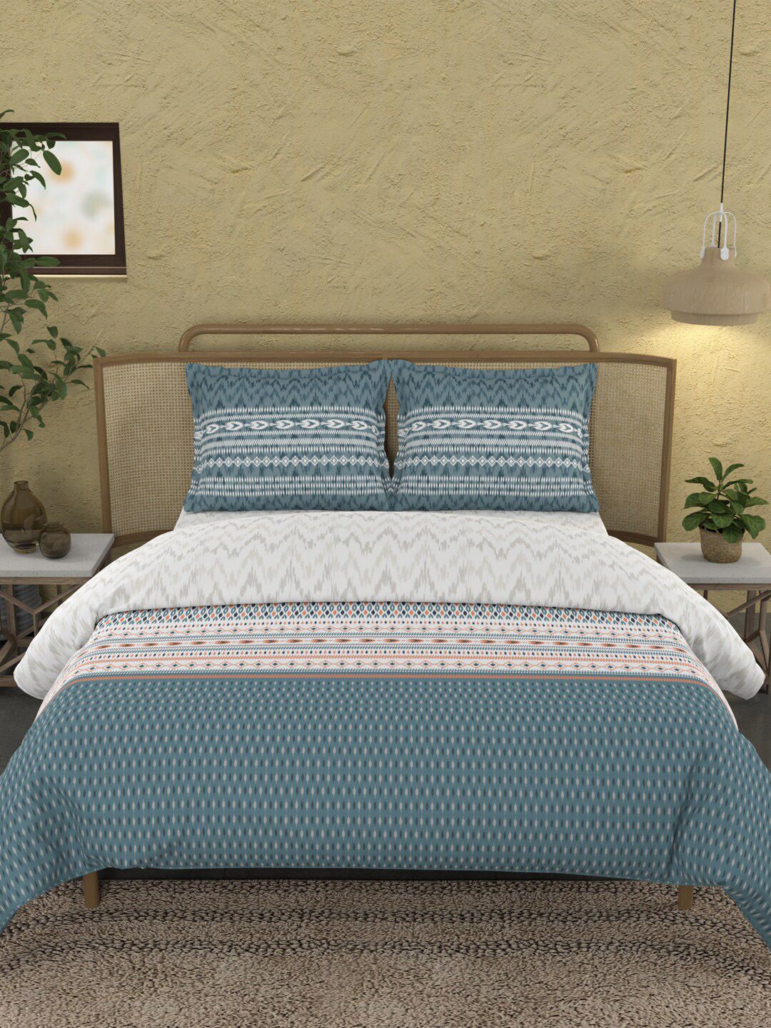 MYTRIDENT Ikkat Stone Blue Sanskriti Flat 144TC King Cotton Bedsheet with 2 Pillow Covers
