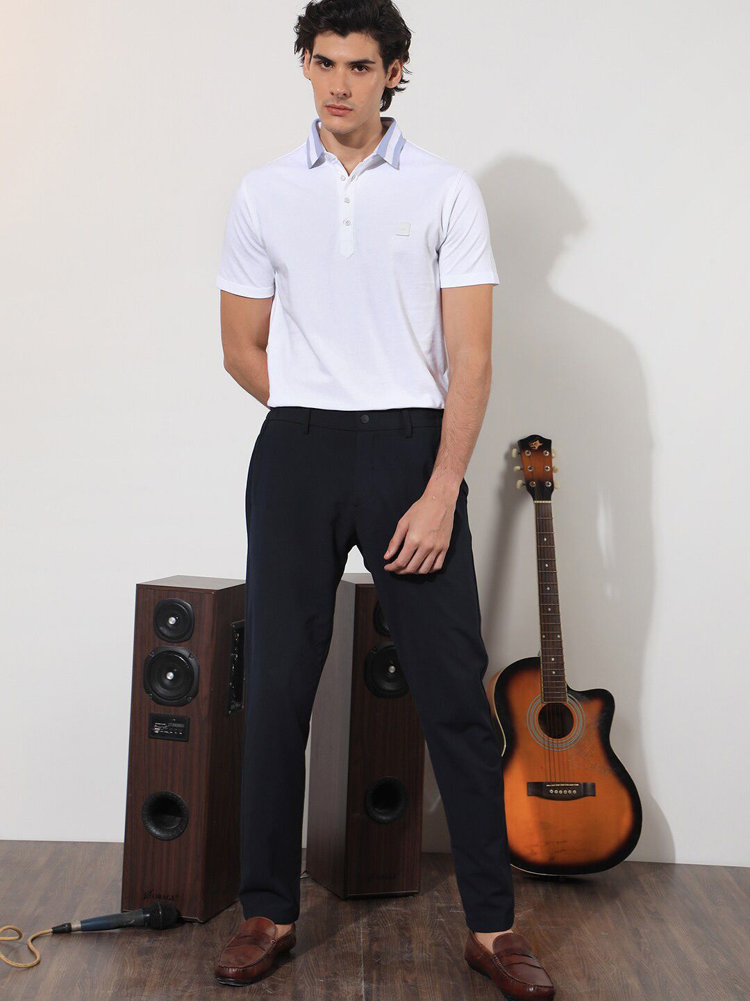 RARE RABBIT Men Divide Polo Collar Slim Fit Cotton T-Shirt