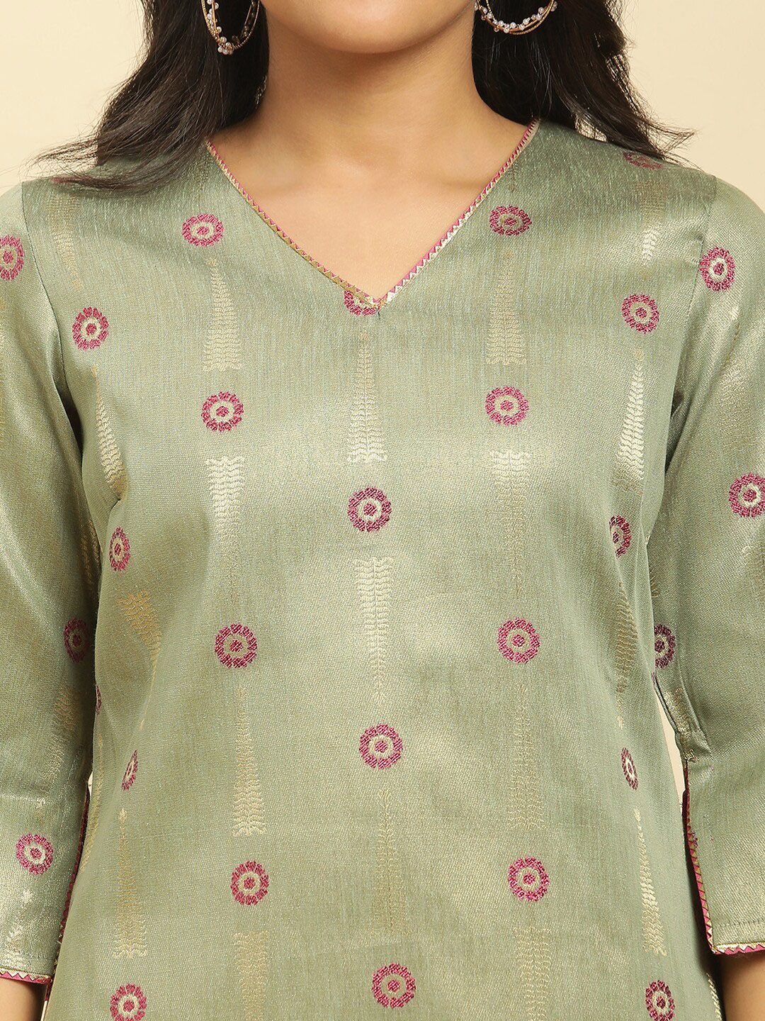 W Floral Woven Design V-Neck Three-Quarter Sleeve Gotta Patti Kurta
