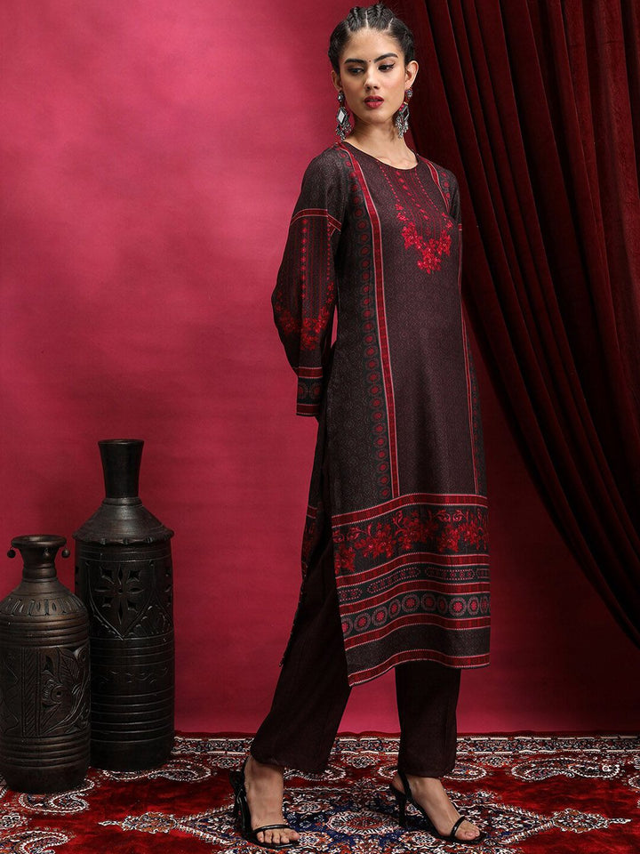 Vishudh Maroon Floral Printed Round Neck Straight Kurta with Trousers