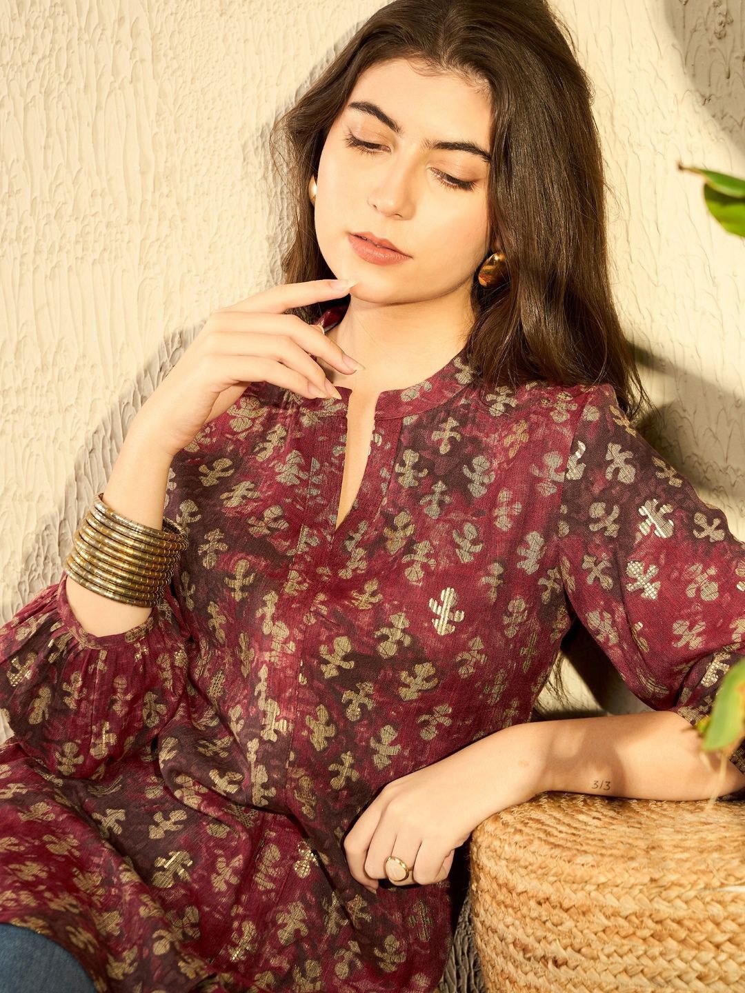 KALINI Floral Print Mandarin Collar Top