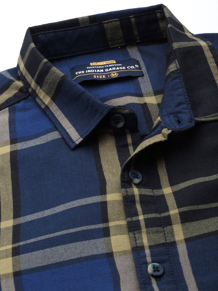 The Indian Garage Co Men Blue & Black Checked Pure Cotton Casual Shirt
