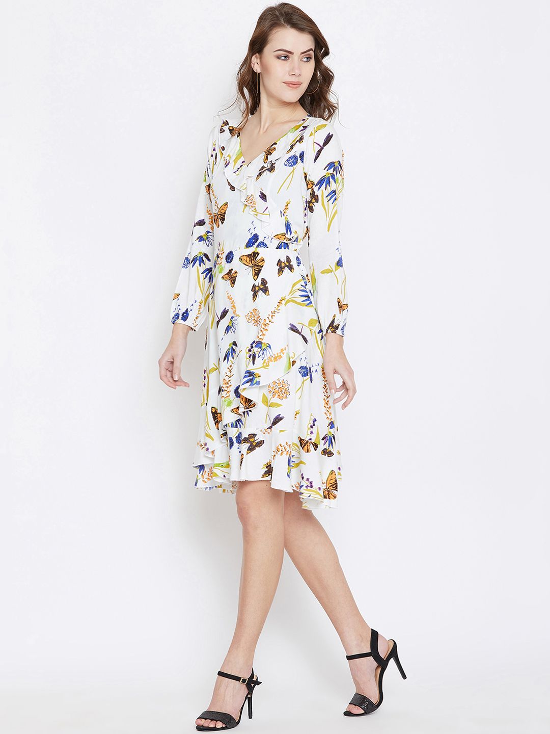 Berrylush Women White & Blue Butterfly Printed Wrap Dress
