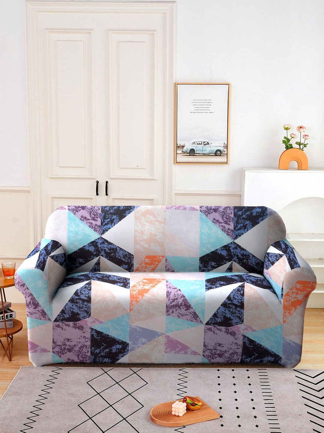 Sarung Sofa Dua Tempat Duduk Bercetak Cortina Beige &amp; Biru