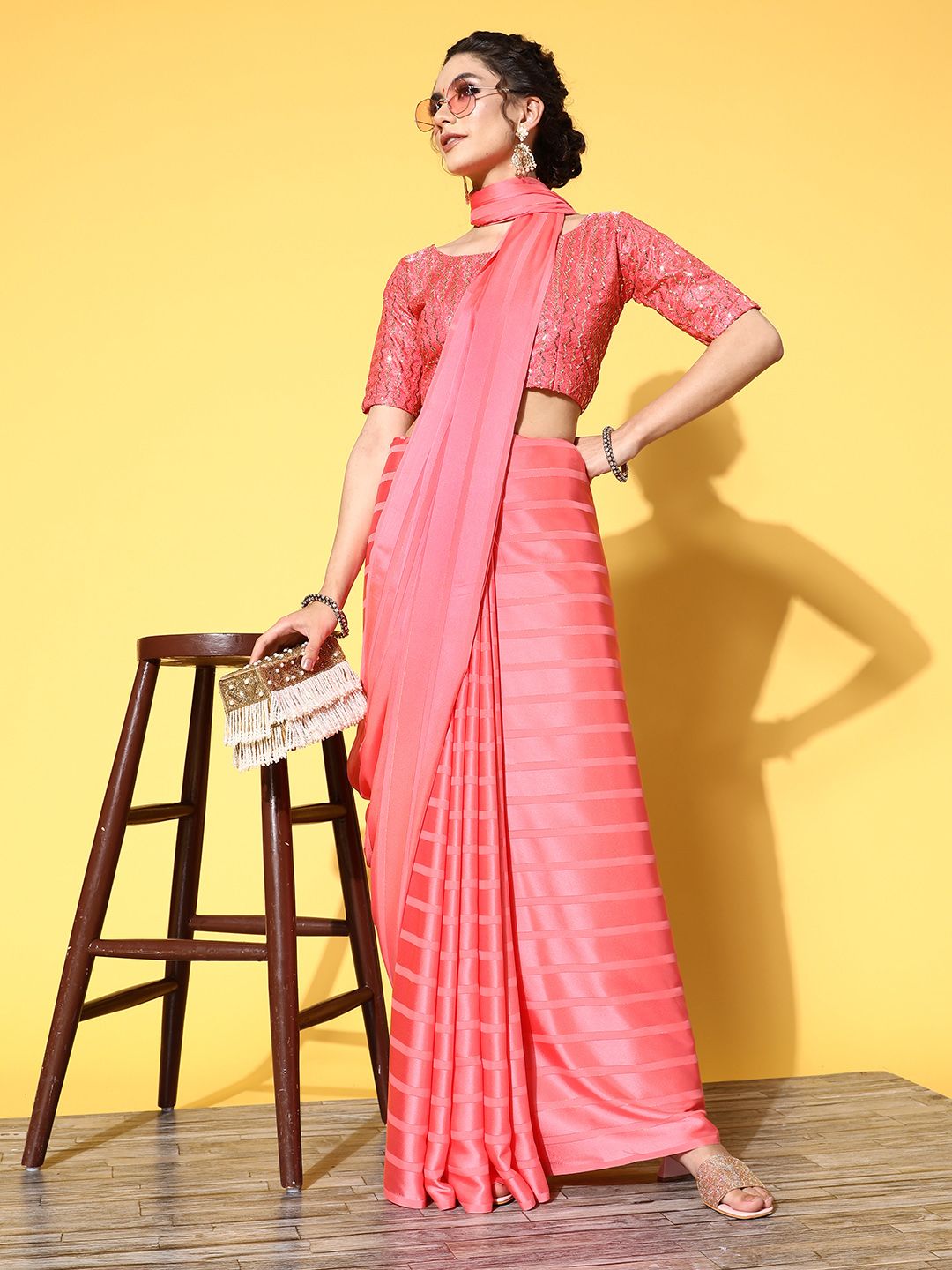 Saree mall Striped Satin Saree with Solid border