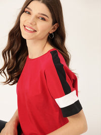 DressBerry Women Red Solid Pure Cotton Round Neck T-shirt