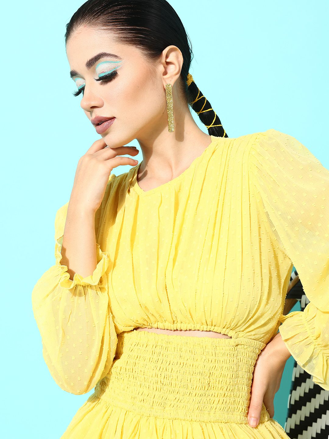 Antheaa Yellow Puff Sleeves Smocked Chiffon Fit & Flare Dress With Cut-Out Detail