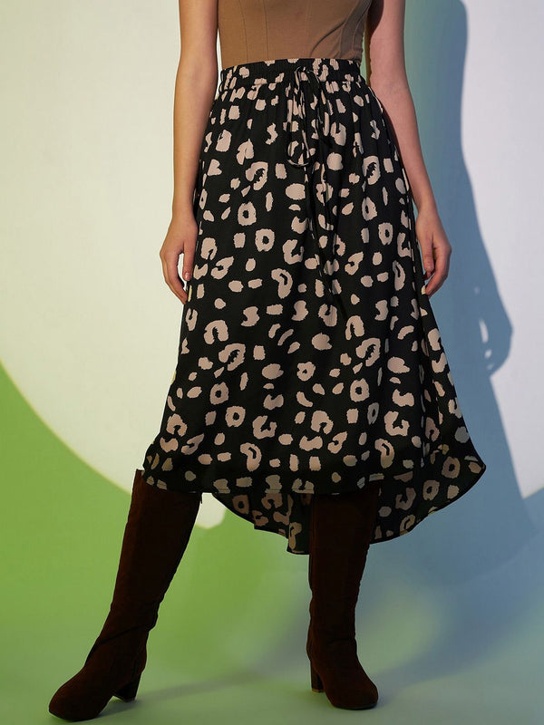 Skirt Midi Berrylush Black Animal Printed A-Line
