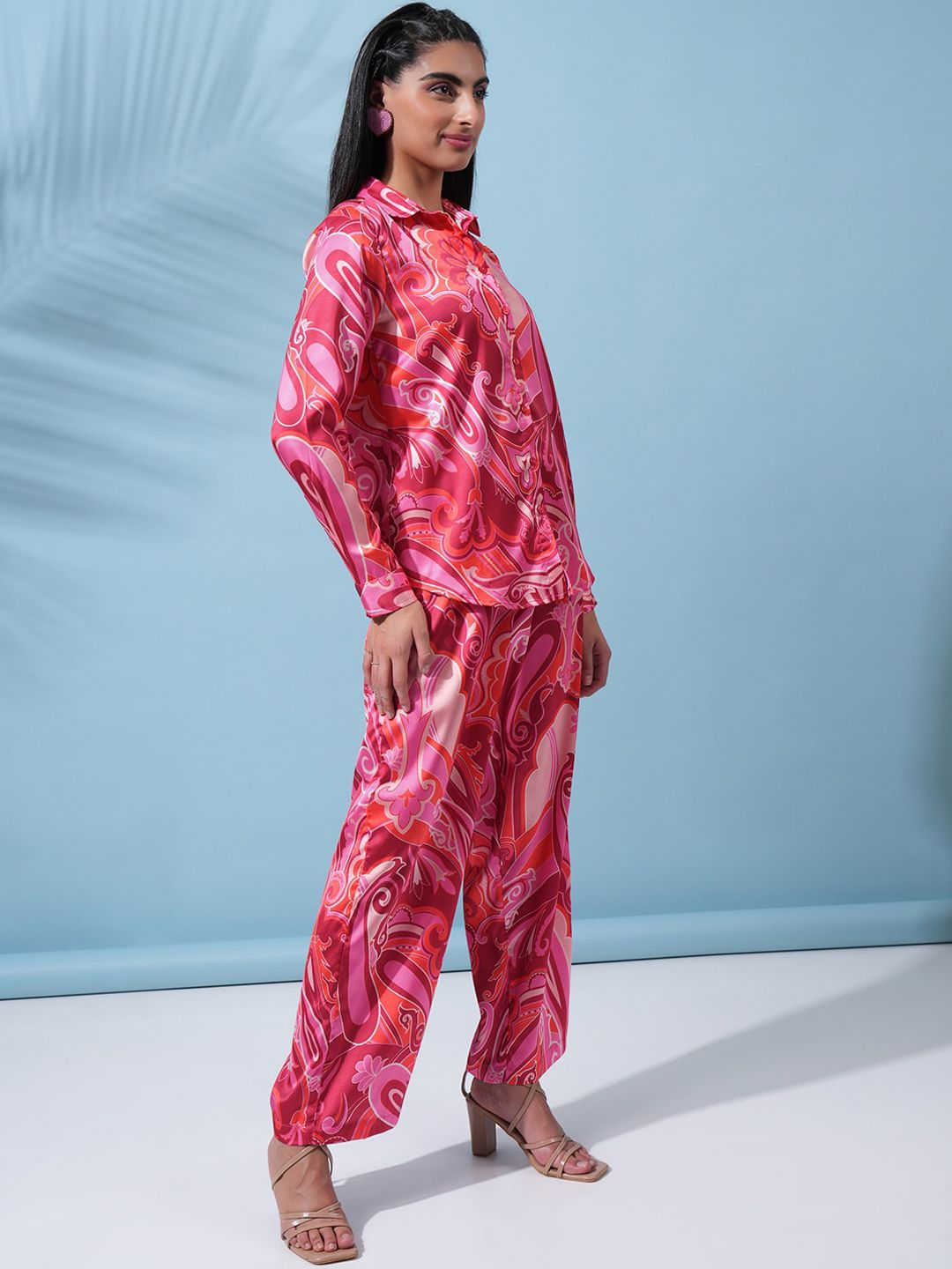 Tokyo Talkies Pink Abstract Printed Shirt With Trousers Co-Ords