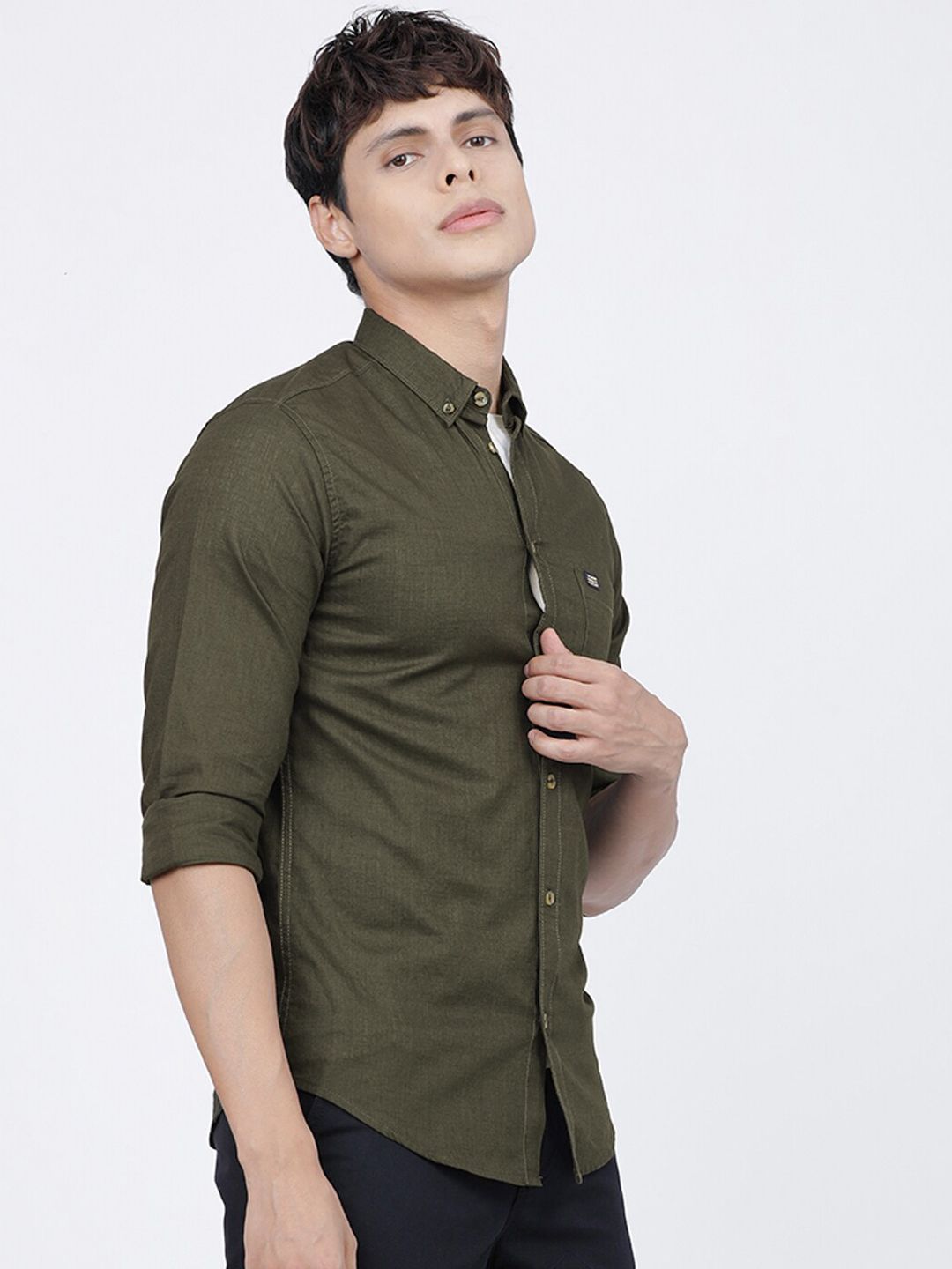 The Indian Garage Co Men Olive Pure Cotton Casual Shirt