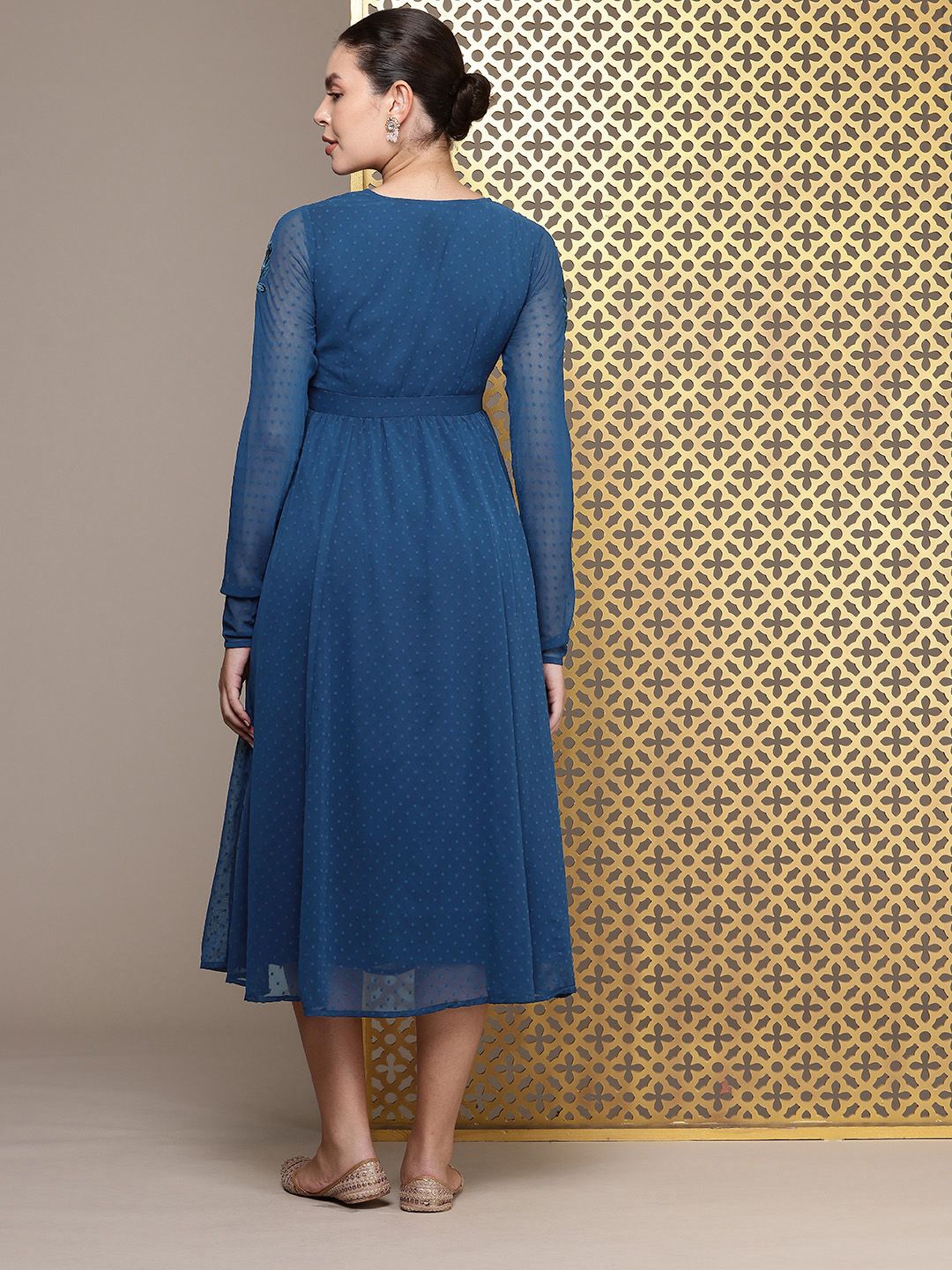 House of Pataudi Jashn Self Designed Embroidered Detail A-Line Midi Dress