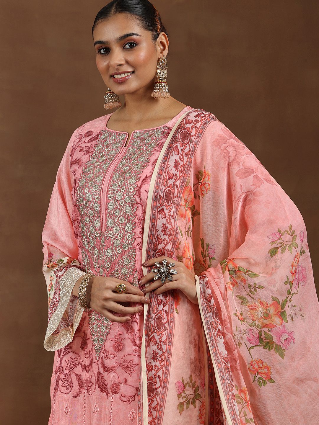 Libas Floral Embroidered Zari Schiffli Straight Kurta with Trousers & Dupatta