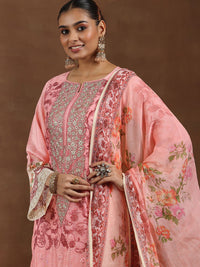 Libas Floral Embroidered Zari Schiffli Straight Kurta with Trousers & Dupatta