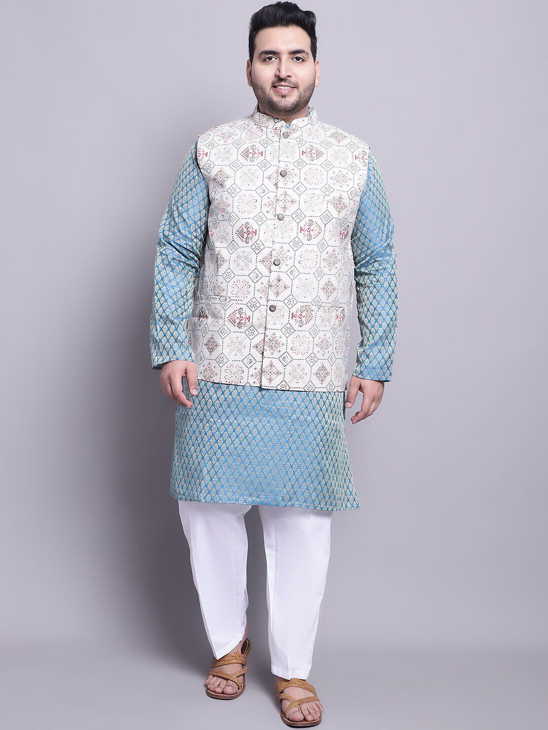 SOJANYA PLUS Ethnic Motifs Woven Design Kurta With Pyjamas & Nehru Jacket