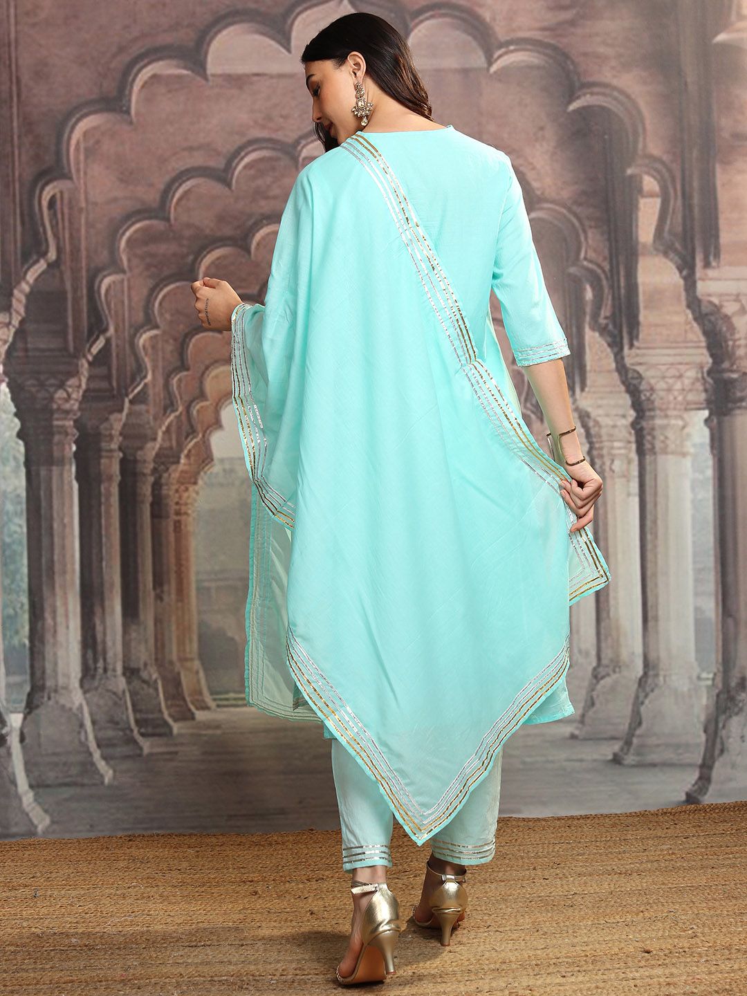 Vishudh Turquoise Blue Notch Neck Floral Embroidered Pure Cotton Straight Kurta Set