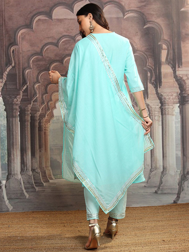 Vishudh Turquoise Blue Notch Neck Floral Embroidered Pure Cotton Straight Kurta Set