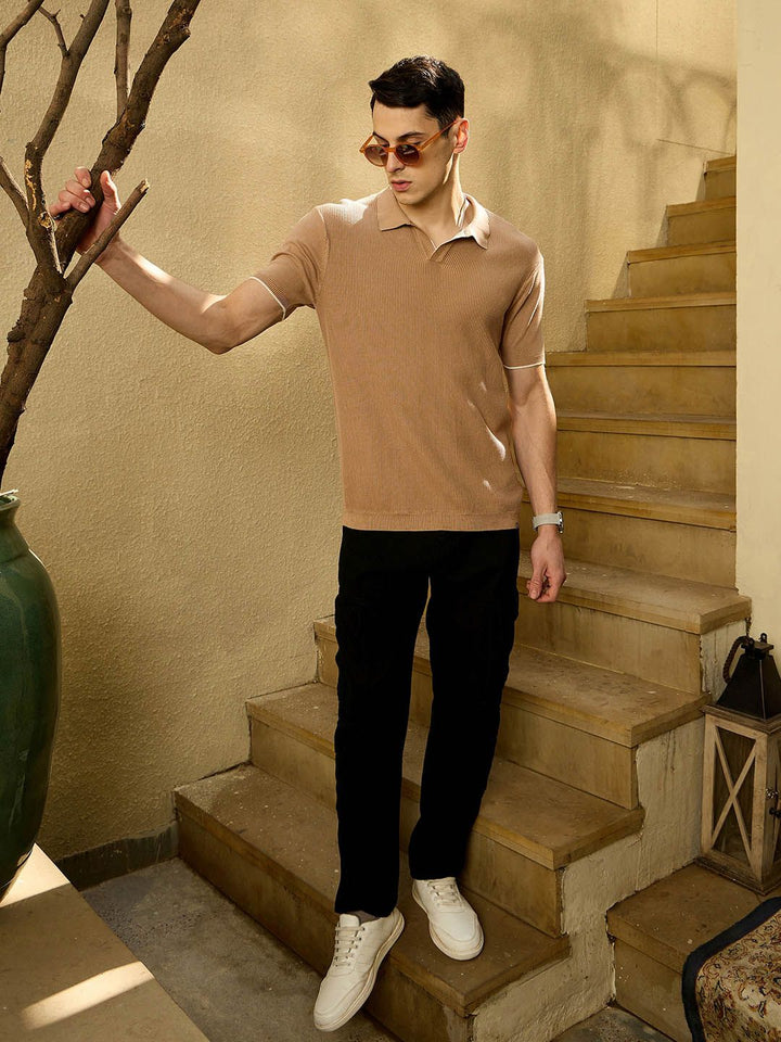 DENNISON Men Textured Polo Collar Knitted T-Shirt