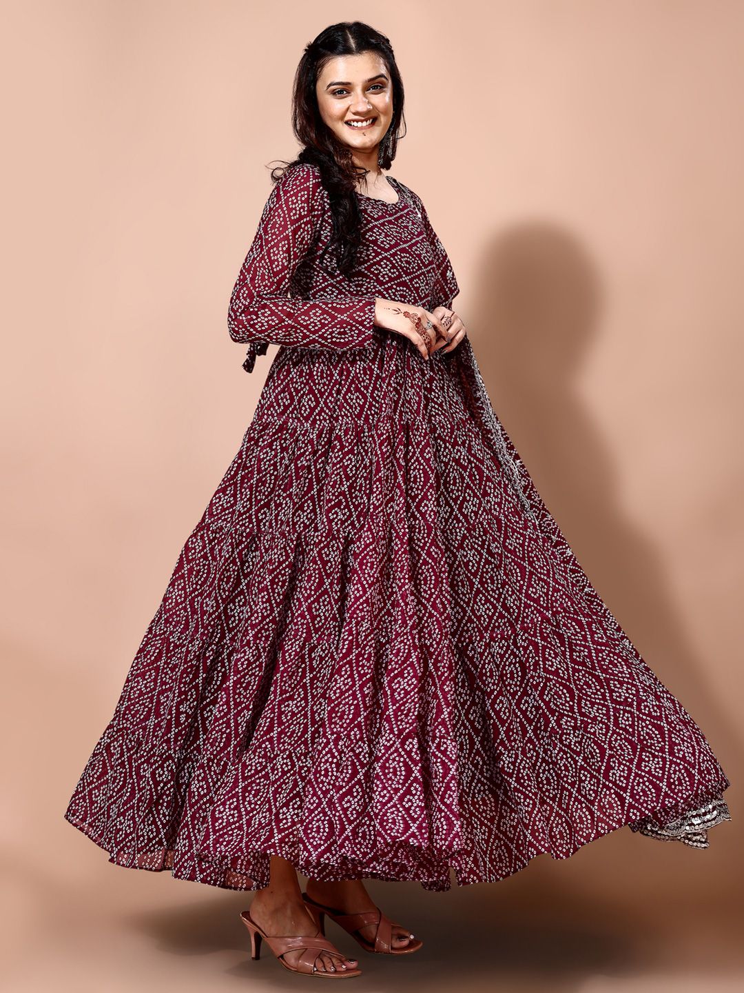 KALINI Bandhani Printed Tiered Anarkali Georgette Kurta With Trouser & Dupatta